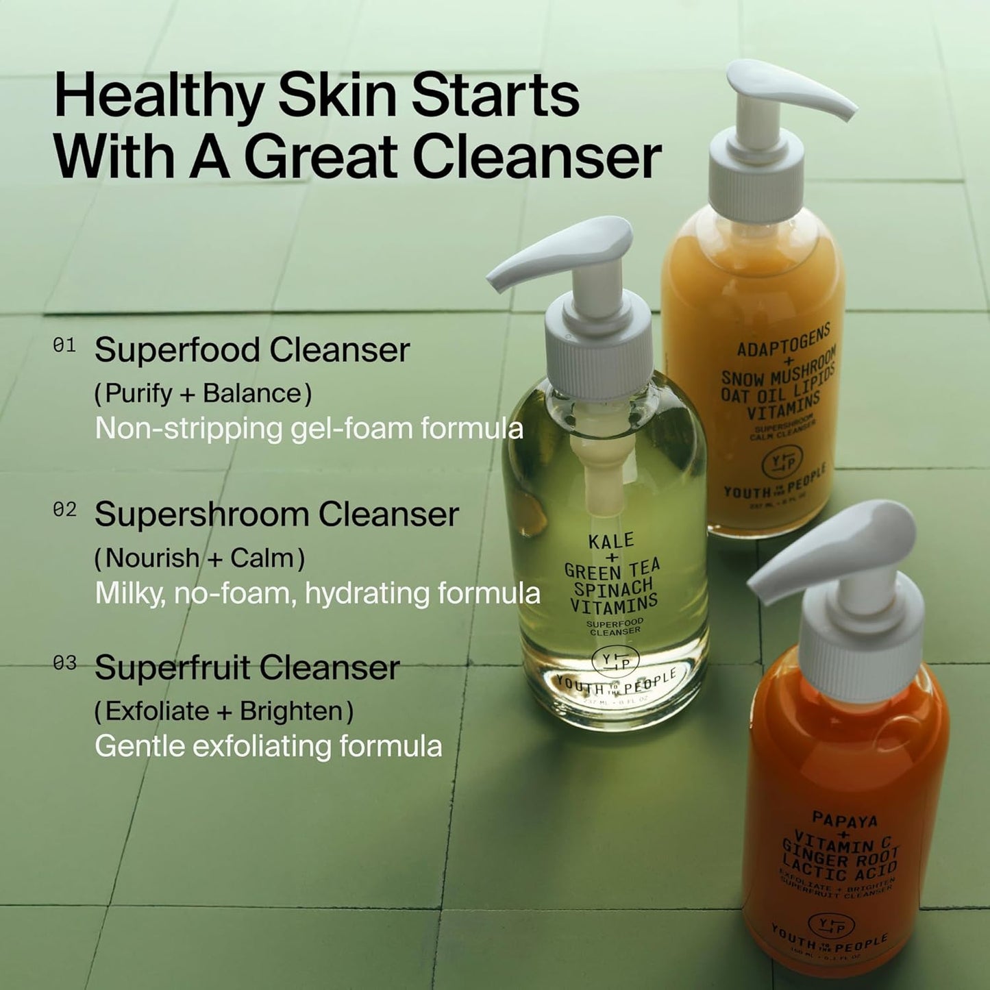 Youth To The People Superfood Facial Cleanser - Kale & Green Tea Daily Face Wash for Glowing Skin, pH Balanced, Refillable