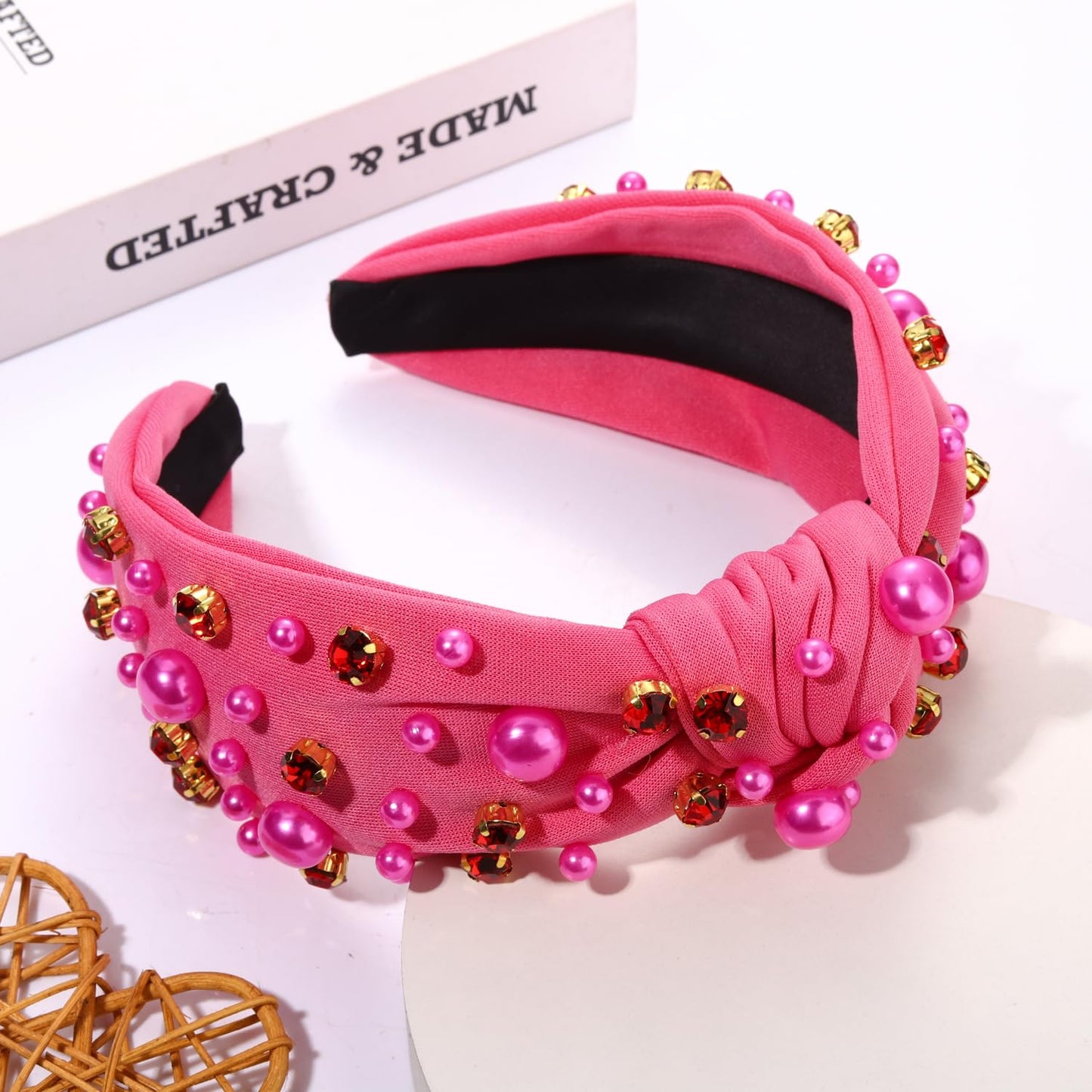 Valentines Day Headband Pearl Rhinestone Knotted Headband for Women Valentine's Holiday Hot Pink Wide Twist Jeweled Hairband Valentine Party Hair Accessories Gifts (hot pink hairband A)