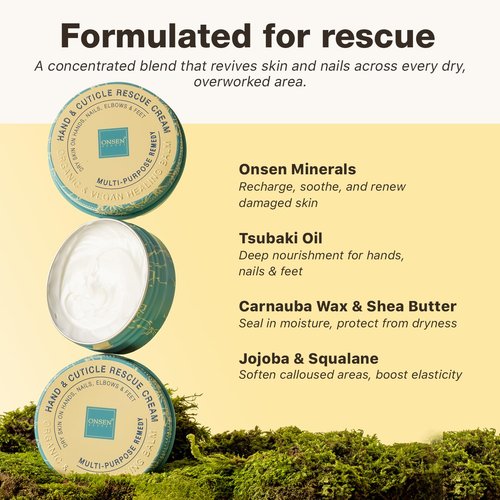 Onsen Hand & Cuticle Rescue Cream - Organic Nail Strengthener & Balm for Dry, Cracked Skin | Vegan 1.10 oz