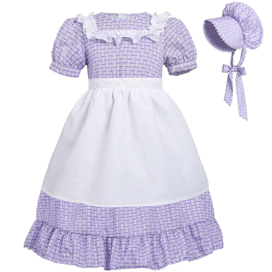 NSPSTT Pioneer Dresses for Girls Colonial Costume Prairie Dresses for Girls Polka Dot Dress, Purple XXL