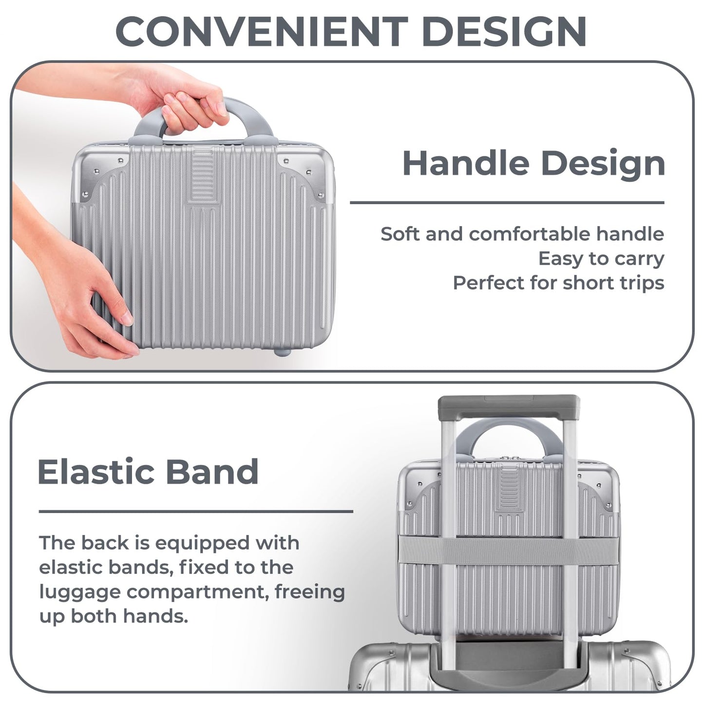 Noverlife 12 Inch Hard Shell Cosmetic Case, Small Hard Case Makeup Travel Case with Elastic Band ABS Carrying Suitcase, Mini Carrying Makeup Suitcase Small Travel Hand Luggage Organizer - Silver