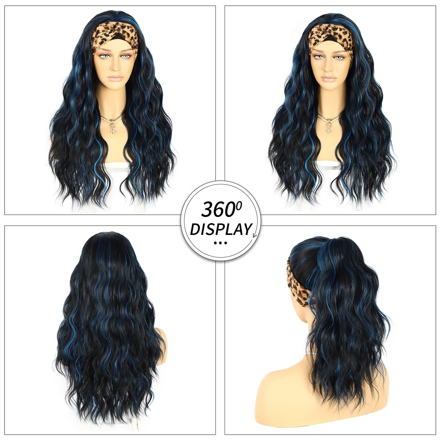 SAPPHIREWIGS Loose Body Wave Wig with Headband Attached Black Mix Blue Highlight Color Glueless Synthetic Headband Wig for Black Women 26 inches