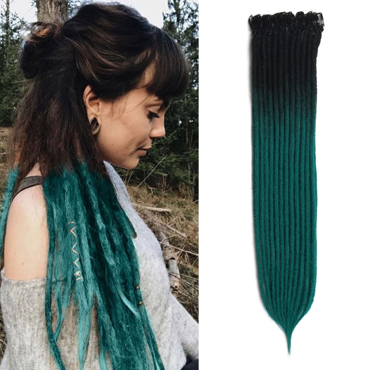 Kyriena Ombre Green Clip In Dreadlock Extensions, 6PCS Handmade Clip In Dreads Hair Extensions, 0.6cm Width Thin SE Hippie Fake Synthetic Dreadlock Extensions for Women