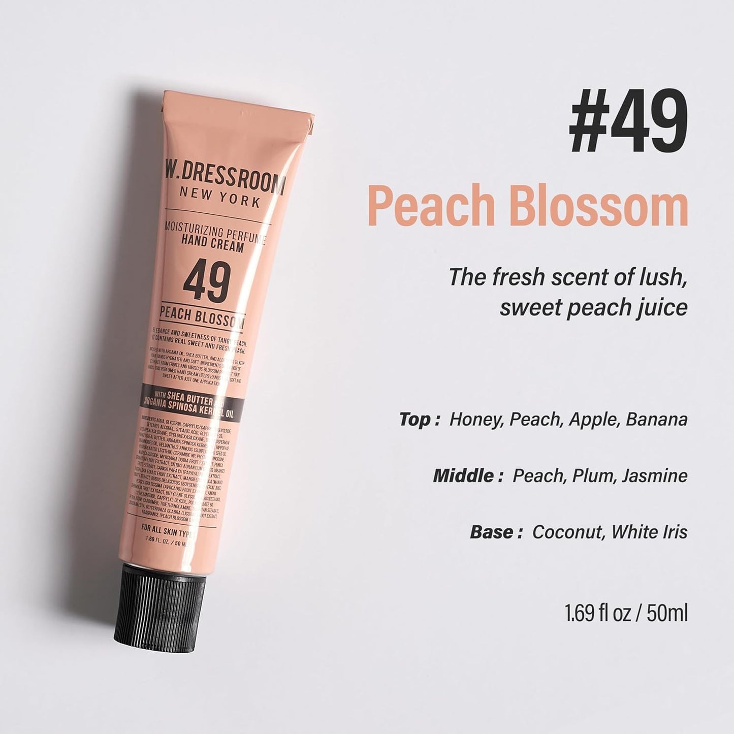 W.Dressroom Moisturizing Hand Cream - Non-Greasy, Quick-Absorbing Formula | Travel Size 1.69 fl oz (50 ml) - No.49 Peach Blossom Scent