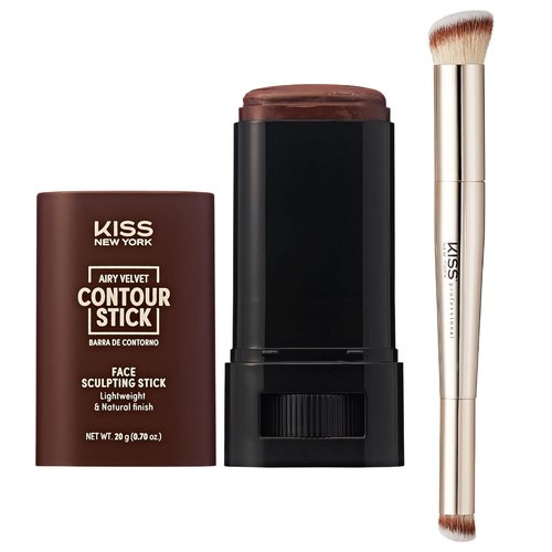 Kiss New York Airy Velvet Contour Stick - Deep 0.70 Oz | Buildable Cool Toned Face Sculpting Cream with Brush Set
