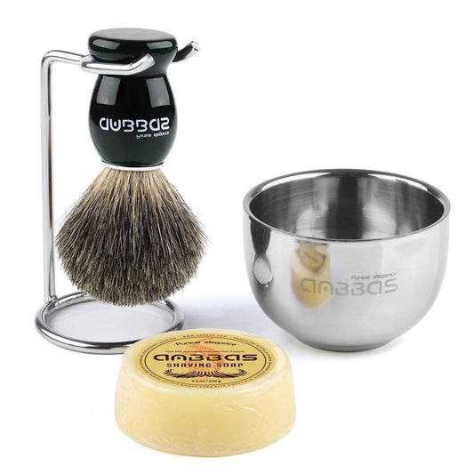 Shaving Set, 4in1 Anbbas Men Fine Badger Bristle Shave Brush Black Wood Handle,Stainless Steel Shaving Stand and Soap Cup with Shaving Soap Bar Natural Organic for Perfect Wet Shaving