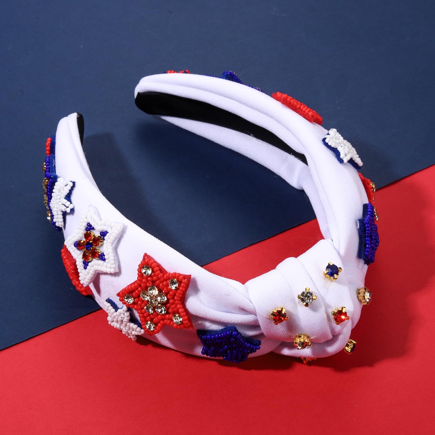 GLBCC 4th of July Knot Headband for Women Red White Blue Star Hairband Pearl Rhinestone Stars Beaded USA Patriotic Knotted Head Band Headpiece Hair Accessories (patriotic headband A)