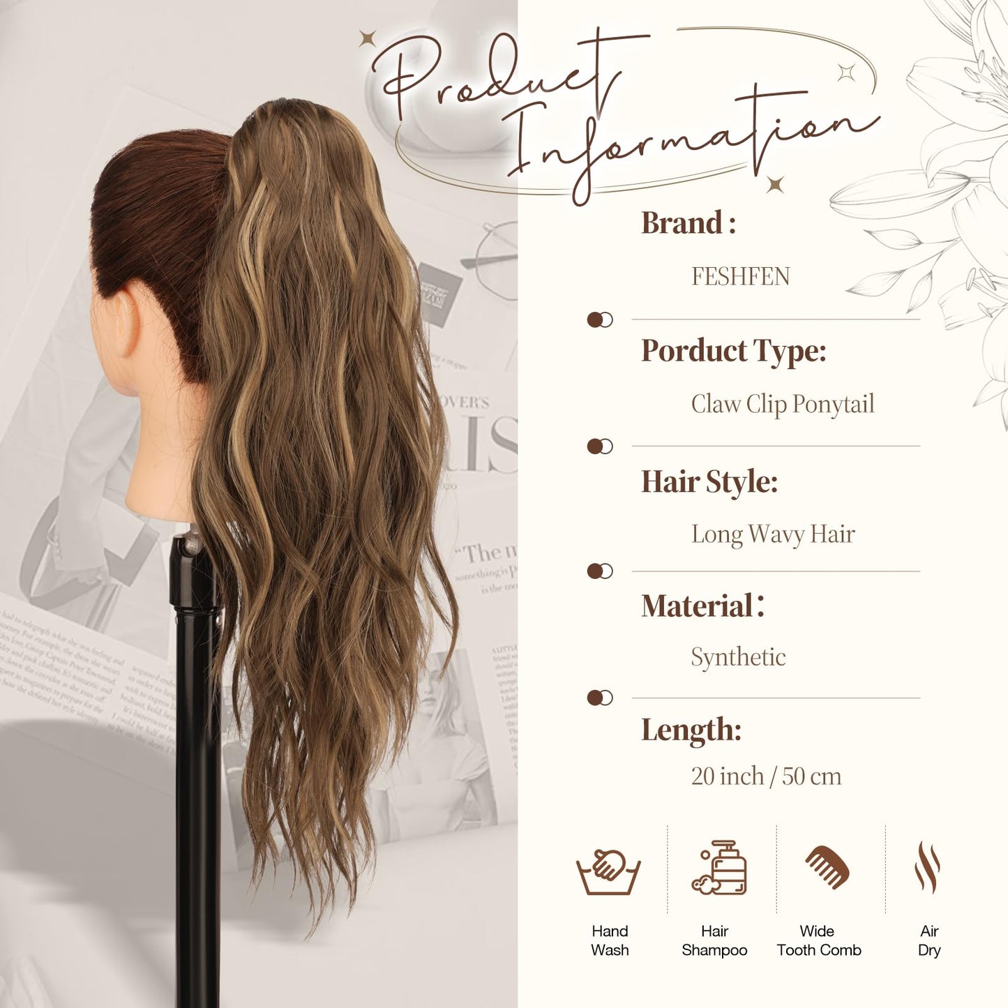 FESHFEN Ponytail Extensions, Long Claw Clip in Ponytail Hairpiece Synthetic Pony Tails Hair Piece Natural Wavy Hairpieces for Women, 20 inch Honey Blonde Mixed Light Brown