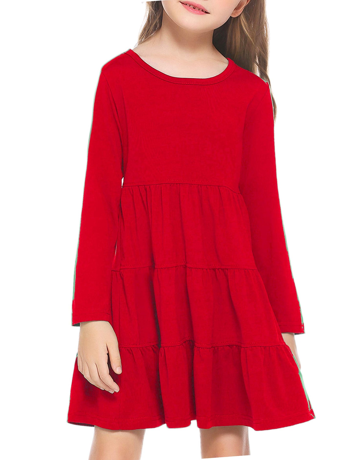 Arshiner Girls Long Sleeve Dress Fall Cotton Crewneck Tiered Ruffle Swing Solid Casual Midi Dresses Red 6 Years