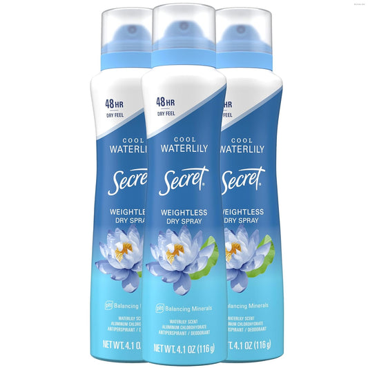 Secret Antiperspirant Deodorant Spray for Women - 48HR Weightless Sweat & Odor Protection | Waterlily & Argan Oil, 4.1 oz (Pack of 3)