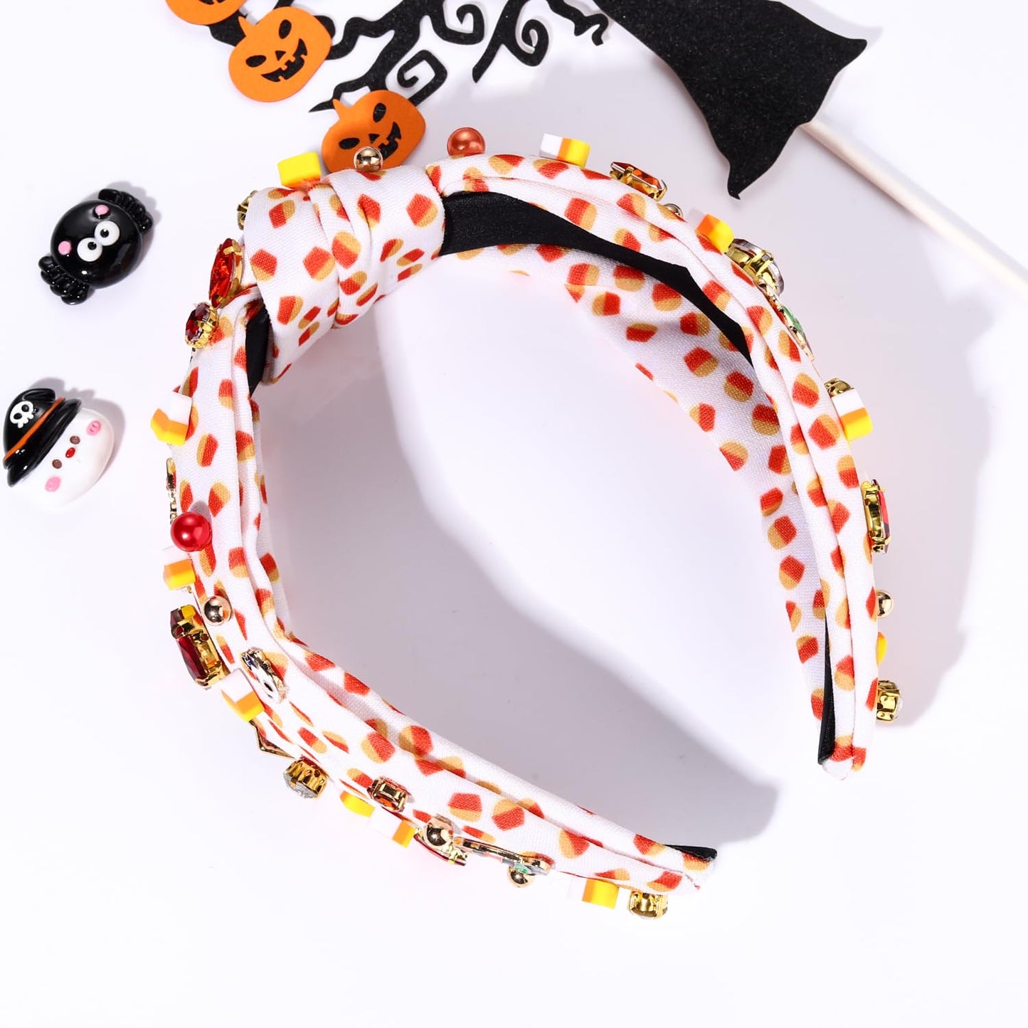 Halloween Headband for Women Pumpkin Ghost Candy Corn Charm Knotted Headband Pearl Crystal Corn Print Top Knot Hairband