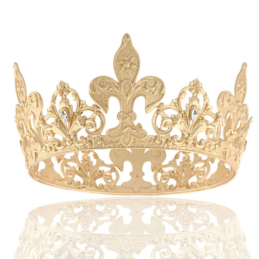 Alloy Rhinestone King Queen Round Crown Party Hair Accessories For Birthday Wedding Prom Pageant Photography Halloween (Gold)