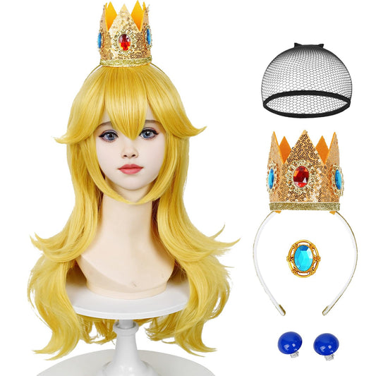 Long Blonde Princess Wig for Kids Girls, Golden Wavy Cosplay Wig + Crown Brooch Earrings Accessories + Wig Cap for Halloween Costume Cosplay