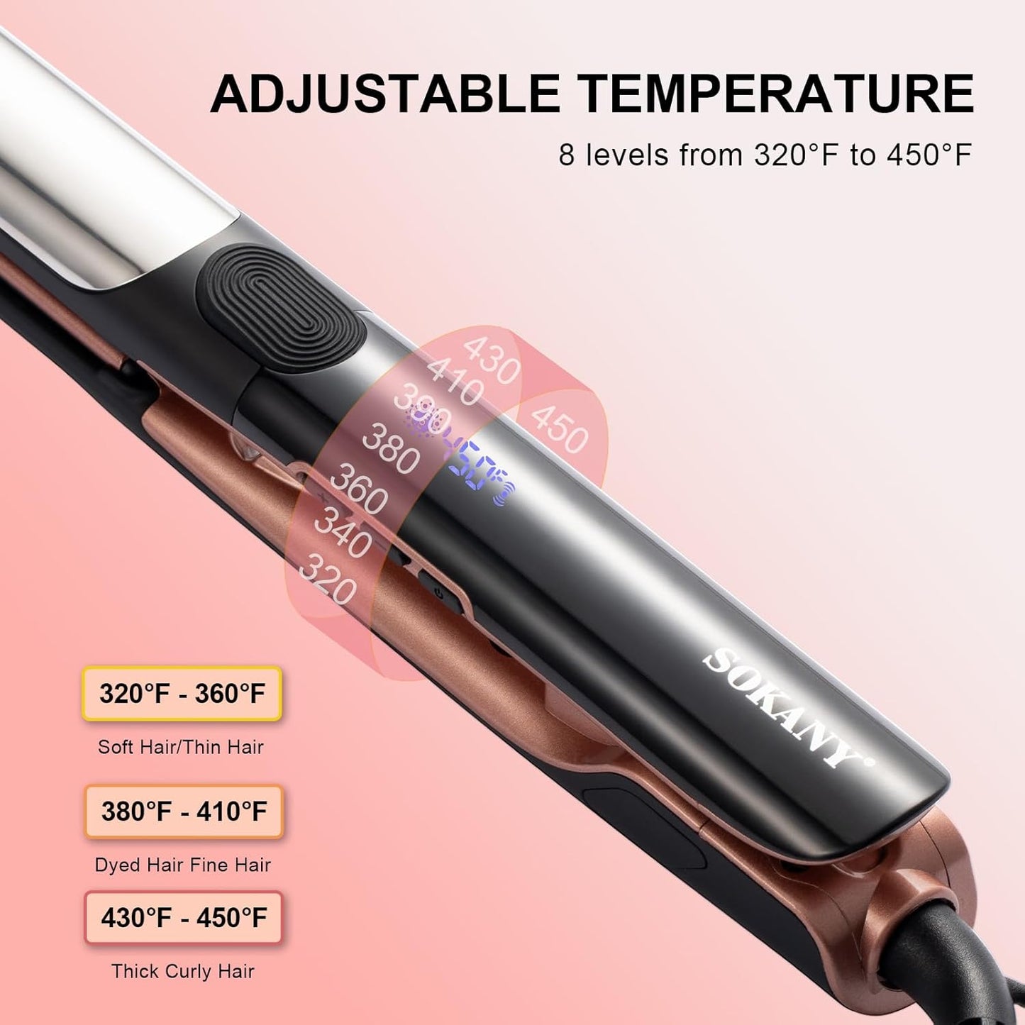 SOKANY 2-in-1 Hair Straightener & Curler - Titanium Ceramic Plates, Dual Voltage, 8 Temp Settings