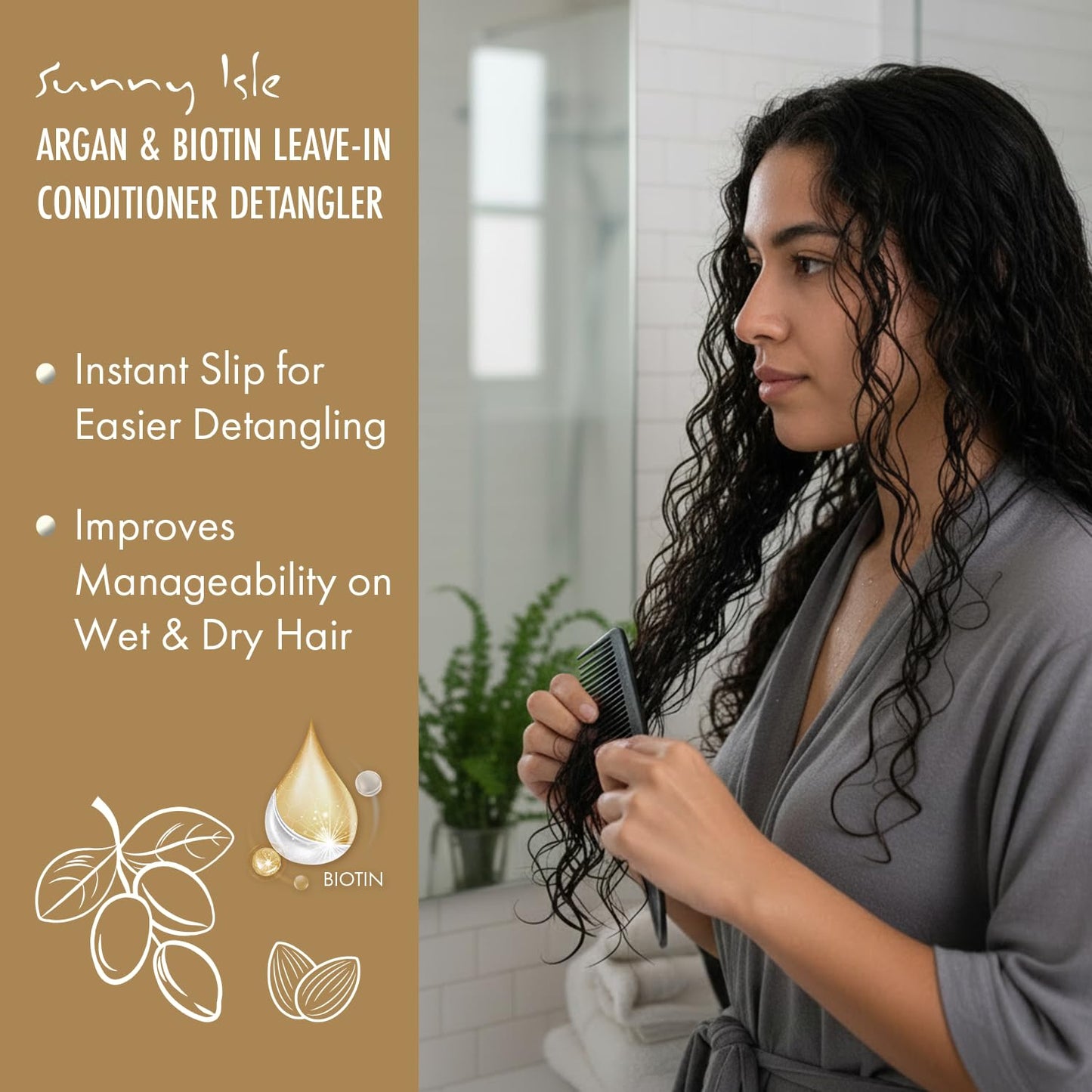 Sunny Isle Leave-In Detangler Conditioner - Argan & Biotin with Collagen, Almond & Castor Oil - 8 oz