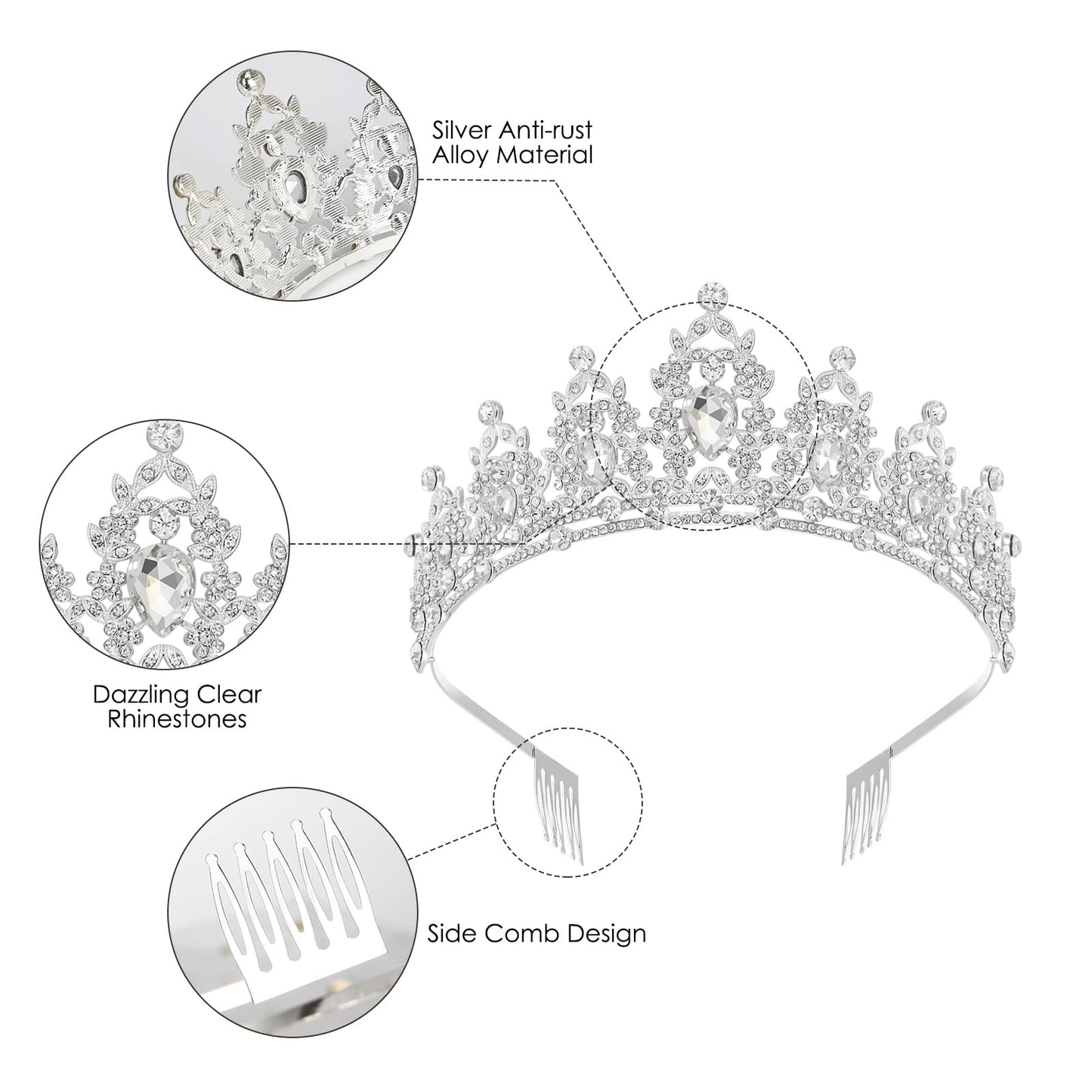 Makone Queen Crown and Tiara Princess Crown with Combs for Women Girls Clear Crystal Headbands for Bridal, Gothic Halloween Costumes for Prom Wedding Birthday Party(Silver)