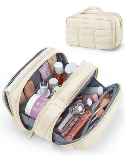 BAGSMART Toiletry Bag for Women, Travel Makeup Bag, Wide-open Portable Make Up Bag Organizer for Women for Travel Essentials Travel-Size Toiletries Accessories Bottles, Brushes, Beige