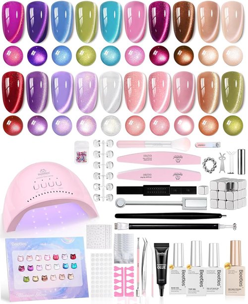 Beetles 96 Pcs Cat Eye Gel Nail Polish Set -20 Color Gel Nail Kit with U V Light and 9 Pcs Magnet Set Illusion Glow Nails Art Tools Manicure Kit Diverse Cateye Effect DIY Gifts for Women Teen Girls