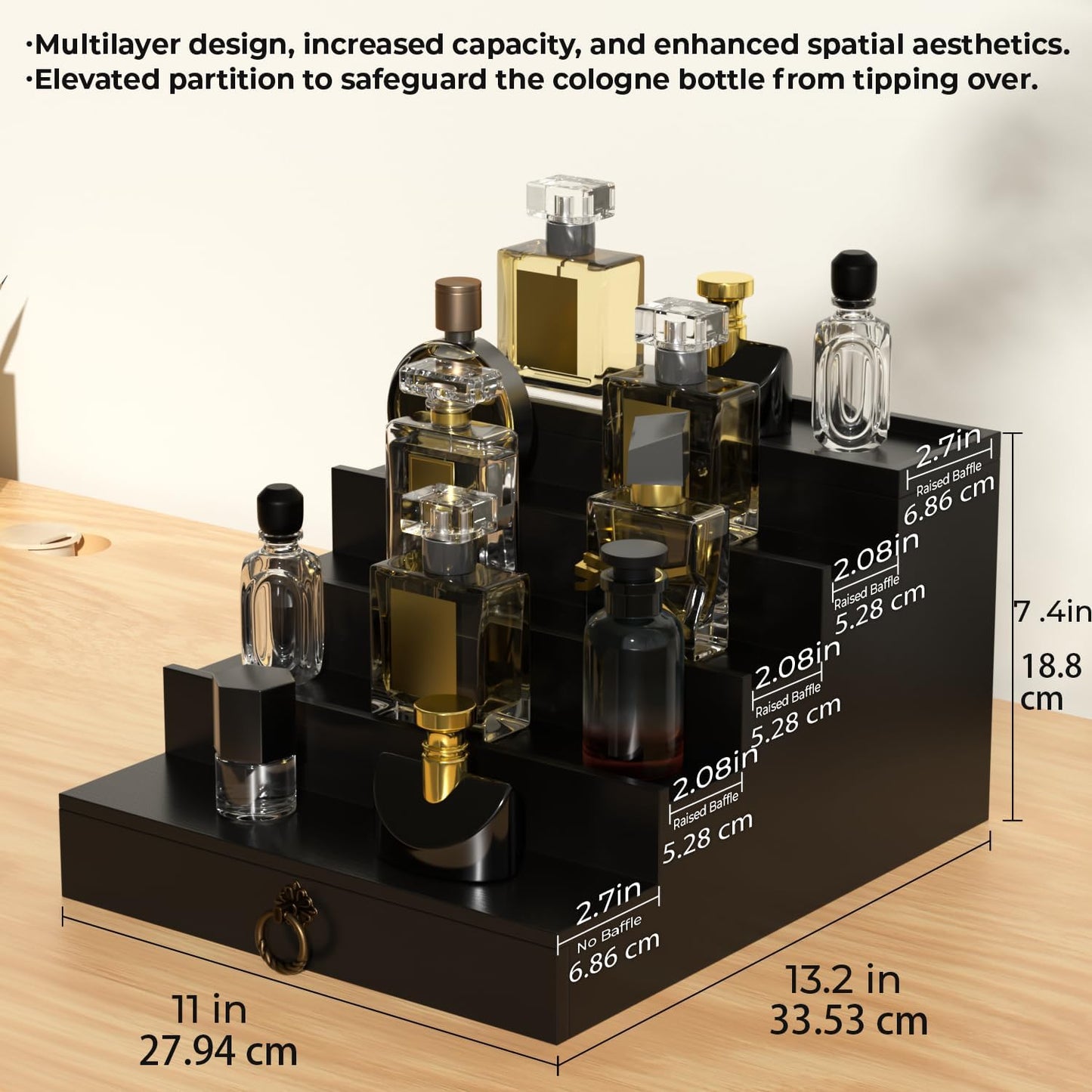Skiennix 5-Tier Cologne Organizer - Premium Black Wood Perfume Display Stand with Drawer for Fragrance Collection