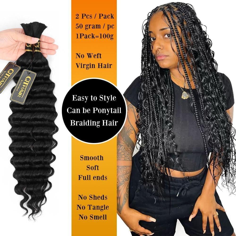 QTHAIR 14A Deep Wave Bulk Human Hair For Braiding No Weft (18", 1)100% Unprocessed Brazilian Deep Wave Human Hair Virgin Hair Extensions