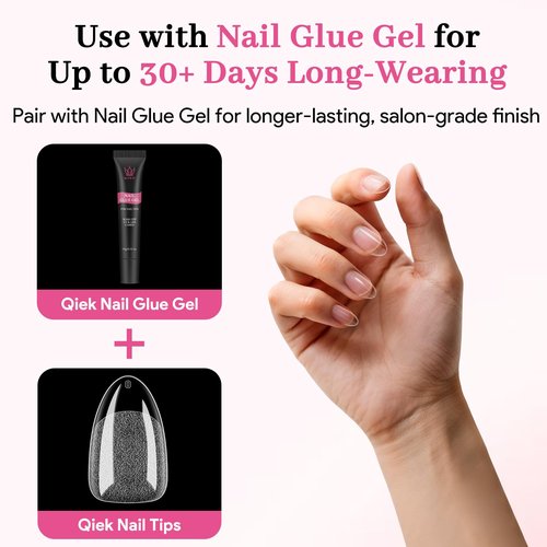 Qiek Short Almond Nail Tips - 15 Sizes 240 PCS Half Matte Full Cover Clear Fake Nails Pre-shaped Press On False Nail Tips Acrylic Soft Nail Gel Tips No C Curve Extension Manicure Home DIY Gelly Tips
