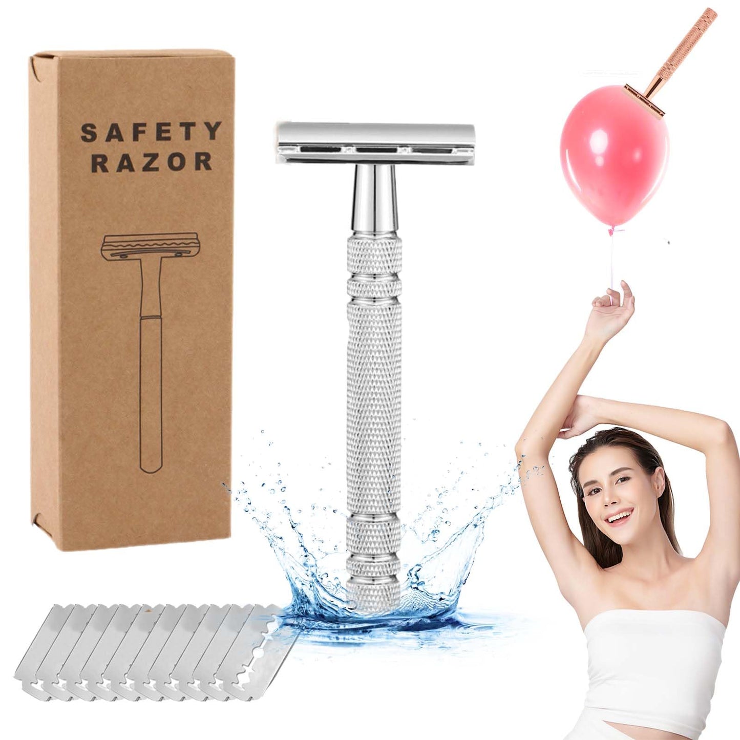 Safety Razor for Women, Double Edge Safety Razor Blades, Reusable Smooth Shave, Painless Hair Removal, Metal Shave Women for Leg Arm Underarm Bikini (Silver)