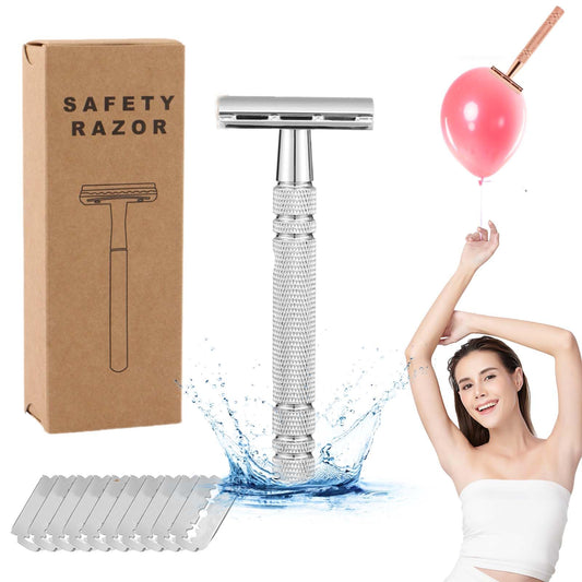 Safety Razor for Women, Double Edge Safety Razor Blades, Reusable Smooth Shave, Painless Hair Removal, Metal Shave Women for Leg Arm Underarm Bikini (Silver)