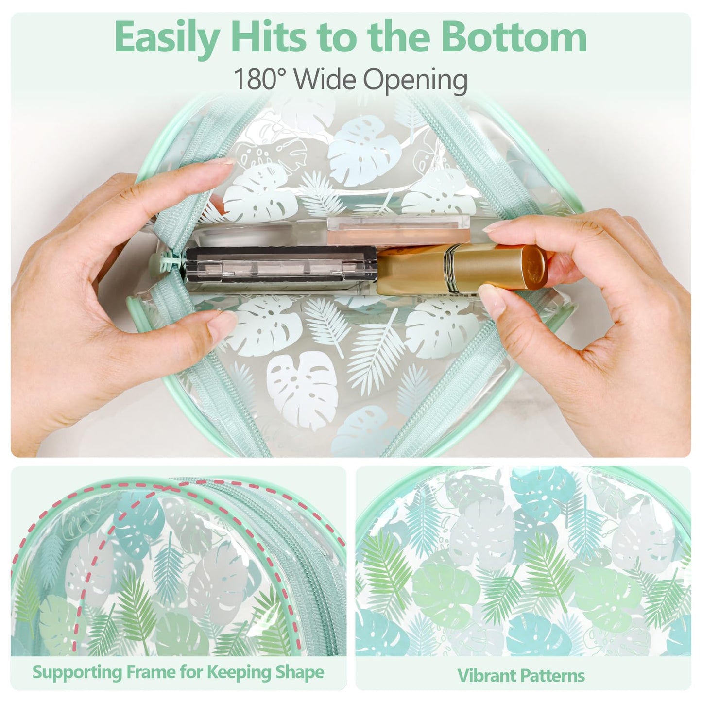 PACKISM TSA Approved Toiletry Bag - Light Green Turtle Leaves Print Clear Shell Bag and Upgrade Color-Edged Clear Toiletry Bags, Perfect for On the Go or Travel, Lightweight and Robust, 2 Pack