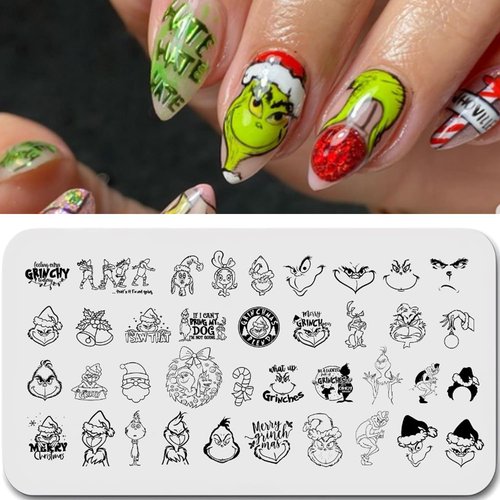 Christmas Nail Stamping Plate Funny Monster Cute Puppy Nail Art Stamp Plates Winter Holiday Nail Stamping Plate Xmas Bell Candy Cane Nail Art Stamping Template for Women Girls DIY Salon 1 Pcs