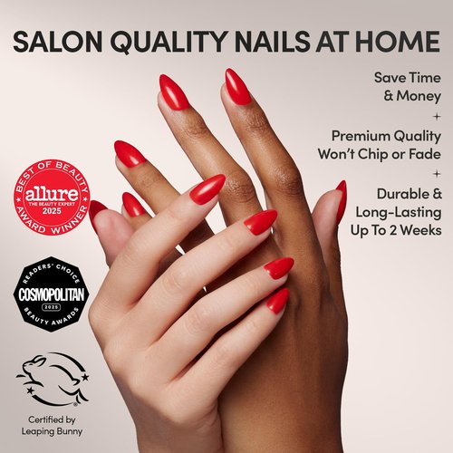 Glamnetic Press On Nails - Fiery Red | Opaque Bright Red Short Almond Fake Nails, Salon Quality | 15 Sizes - 30 Nail Kit with Glue