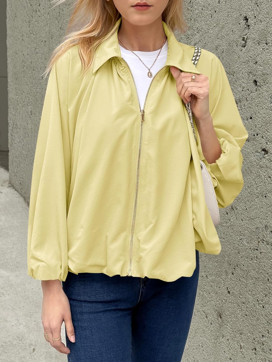 Tankaneo Women's Oversized Bomber Jacket - Stylish Batwing Sleeve & Zip-Up Design | Puffed Lapel Outerwear
