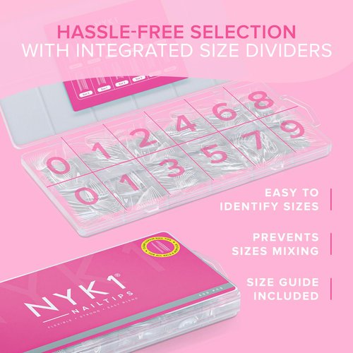 Crease-Proof, Shatter-Resistant Coffin Nail Tips (500 PCS - 10 Sizes) NYK1 Clear Nail Tips For All Gels And Acrylic Nails Extensions - Easy Blend, No C Curve & Easy-to-Trim For Custom Fit