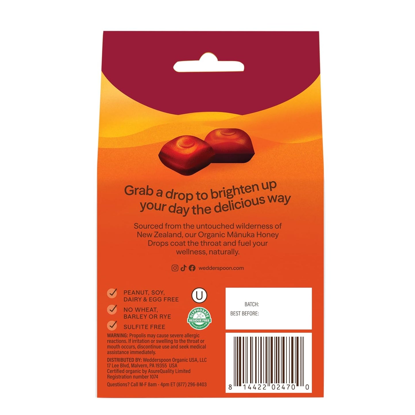 Wedderspoon Organic Manuka Honey Drops - Cherry Flavor with Bee Propolis & Echinacea | 20 Count, USDA Organic