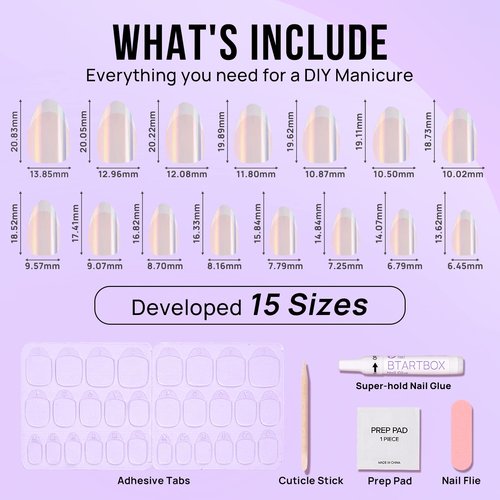 French Tip Press On Nails - BTArtbox White Almond Medium Reusable Stick On Nails in 15 Sizes - 30 Soft Gel Fake Nail Kit for Women Gift, Classic