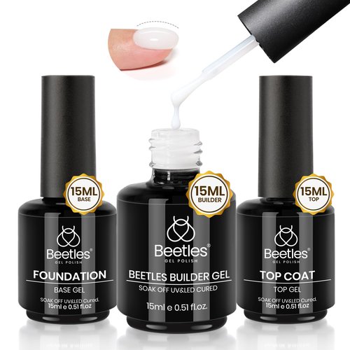 Beetles Builder Nail Gel & Top Coat and Base Coat Set-3Pcs 15ml White Gel Nail Polish Strengthener Gel Polish Soak Off UV LED for Nail Extension, Nail Repair, Shine Effect Long Lasting