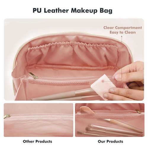 Prite Makeup Bag for Women Travel Waterproof Vegan Leather Cosmetic Bag Open Flat Toiletry Bag With Clear Divider and Handle (Pink)