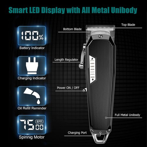 LANVIER Hair Clippers - Professional 10W High-Speed Barber Clipper for Men | Cordless Trimmer Kit with LED Display & Storage Case - Black