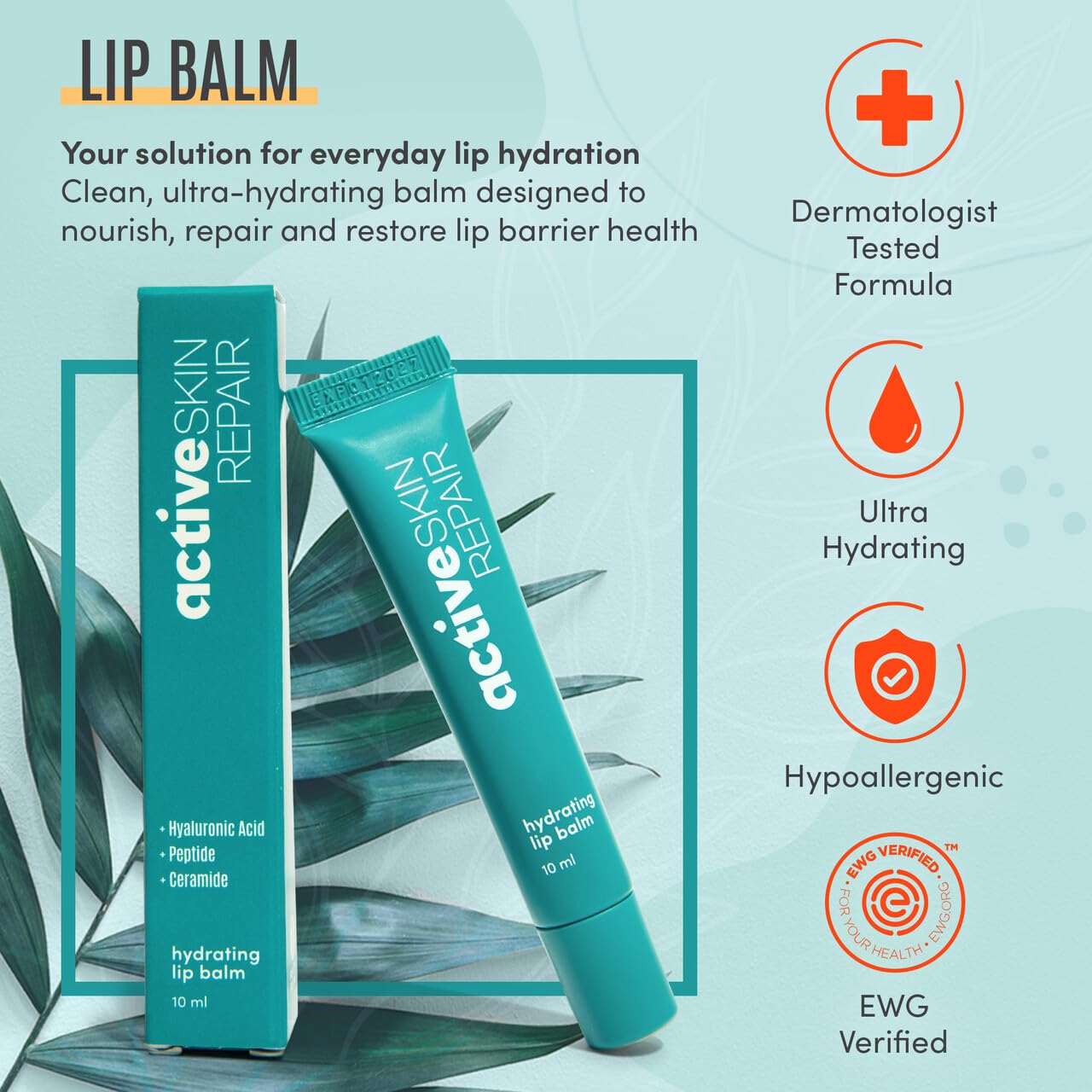 Active Skin Repair Hydrating Lip Balm - EWG Certified Moisturizing Formula with Hyaluronic Acid | 10 ml