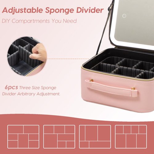 ZhenGuiRu Makeup Bag with LED Mirror, Portable Makeup Artist Organizer Case with Light Up Mirror, Travel Makeup Bag for Women Cosmetic Brush Holder Storage, Pink Makeup Gift for Christmas