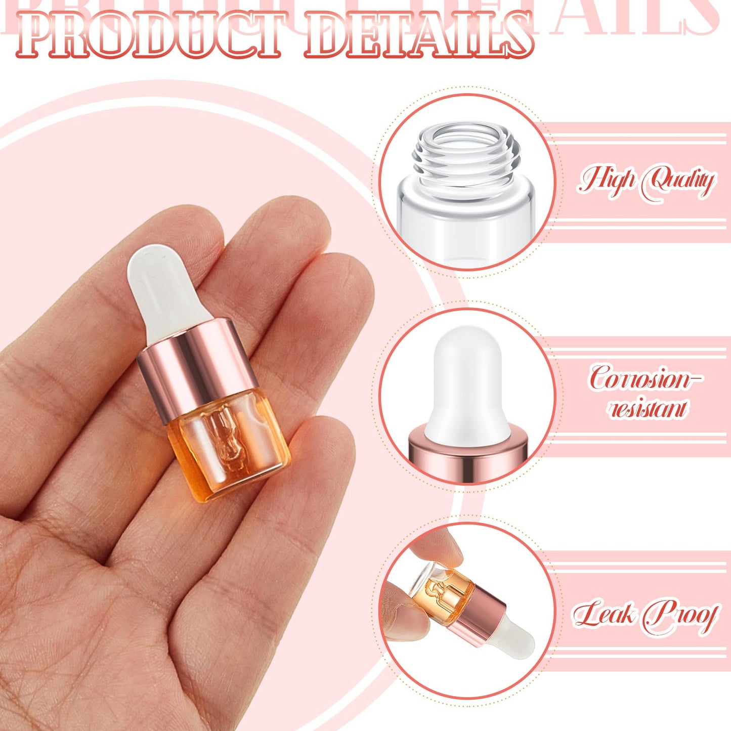 Didaey 100 Pcs Mini Glass Oil Dropper Bottle Bulk, 1 ml Rose Gold Clear Essential Small Empty Bottles Sample Containers Perfume Liquid Vials with Cap for Traveling