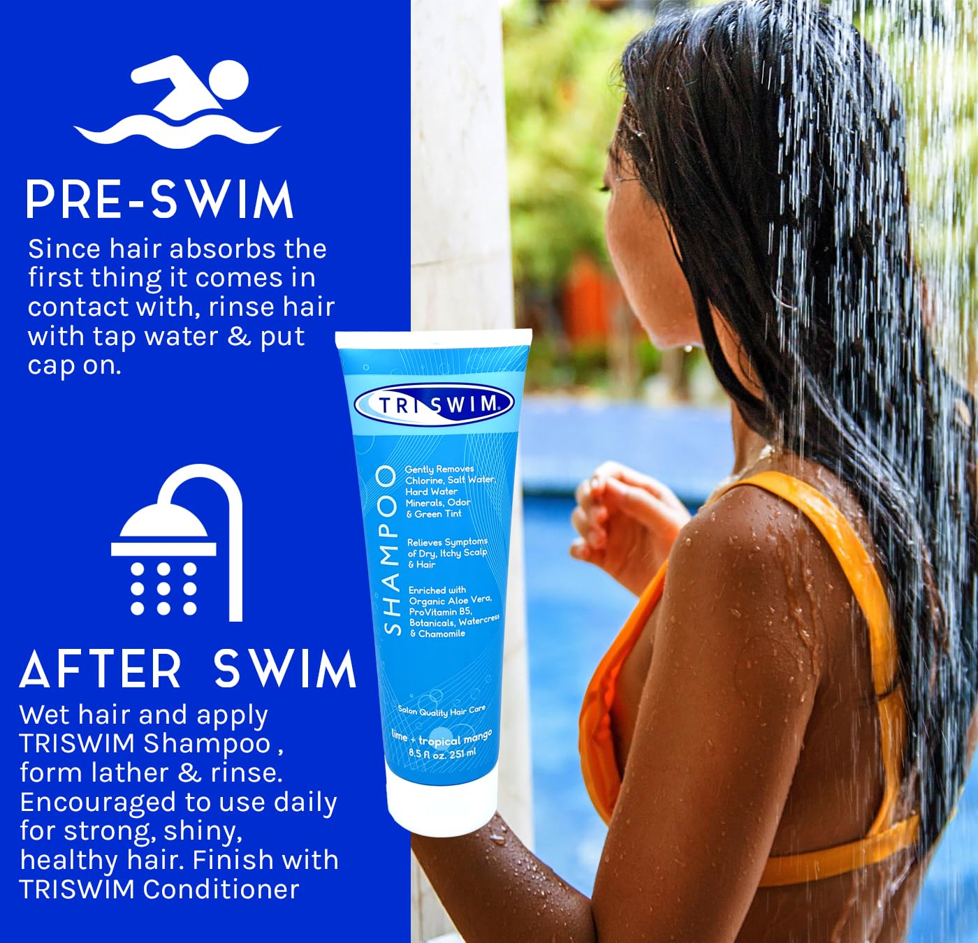 TRISWIM Chlorine Removal Shampoo - Hydrates & Restores Hair | 8.5oz | Lime & Tropical Mango Scent