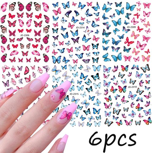 6Pcs Butterfly Nail Art Stickers 3D Self Adhesive Nail Art Supplies Blue Pink Colorful Butterflies Nail Decals with Charm Designs Nail Gel Transfer Spring Butterfly Nail Sticker Girls Manicure Decor