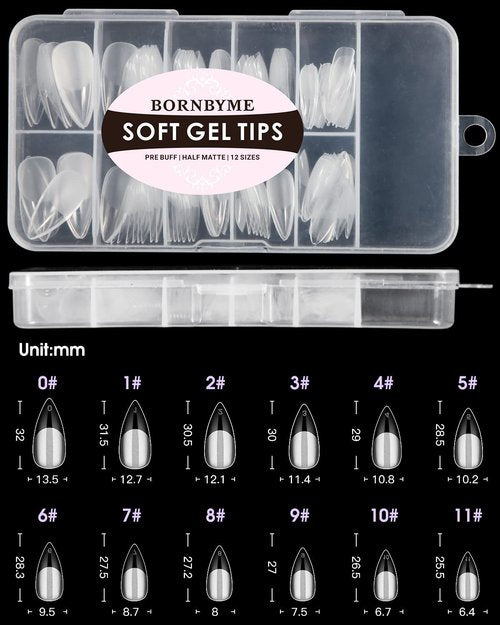 Soft Gel Nail Tips Medium Stiletto, 120PCS Pre Buff Full Cover Shaped Nail Extenison Tips Half Matte Gel Nail Tips BORNBYME