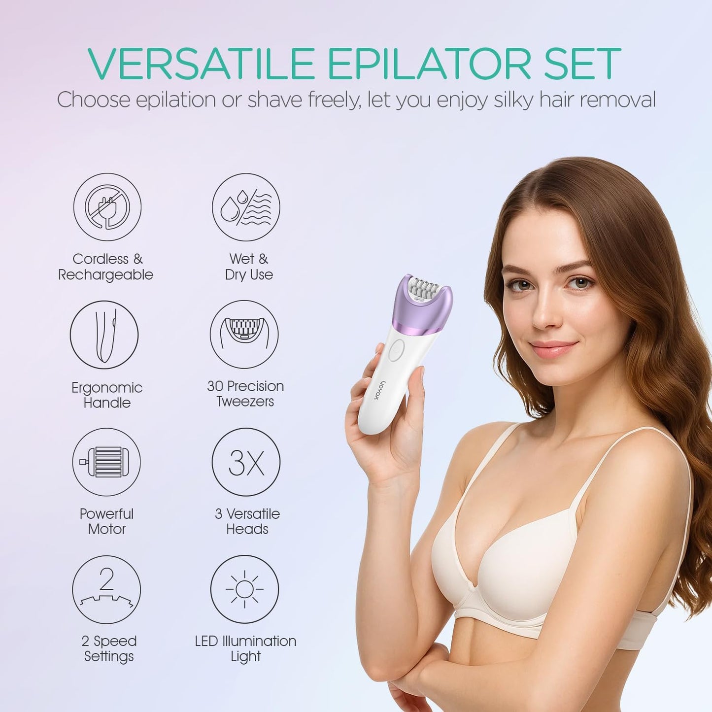 VOYOR Epilator for Women - Cordless 3-in-1 Hair Removal Device with 30 Tweezers | Rechargeable Wet & Dry Shaver (Purple)