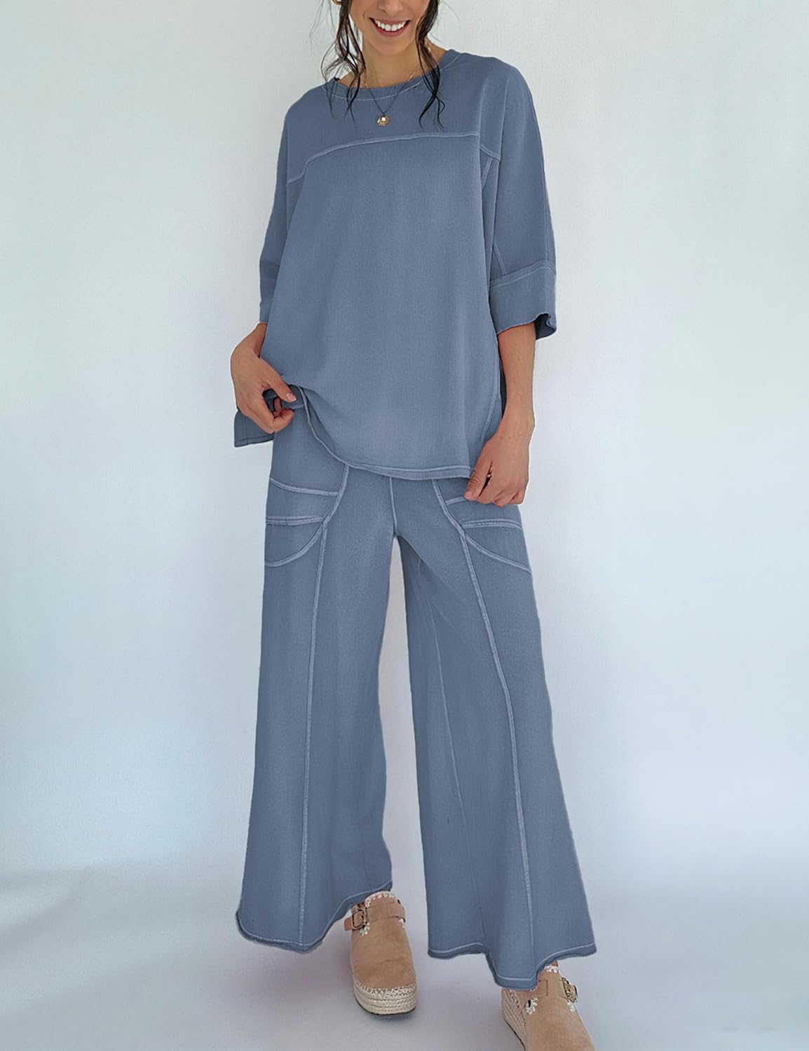 Skiennix Women's 2-Piece Lounge Set - Oversized Sweatshirt & Wide Leg Pants | Casual Travel Outfit