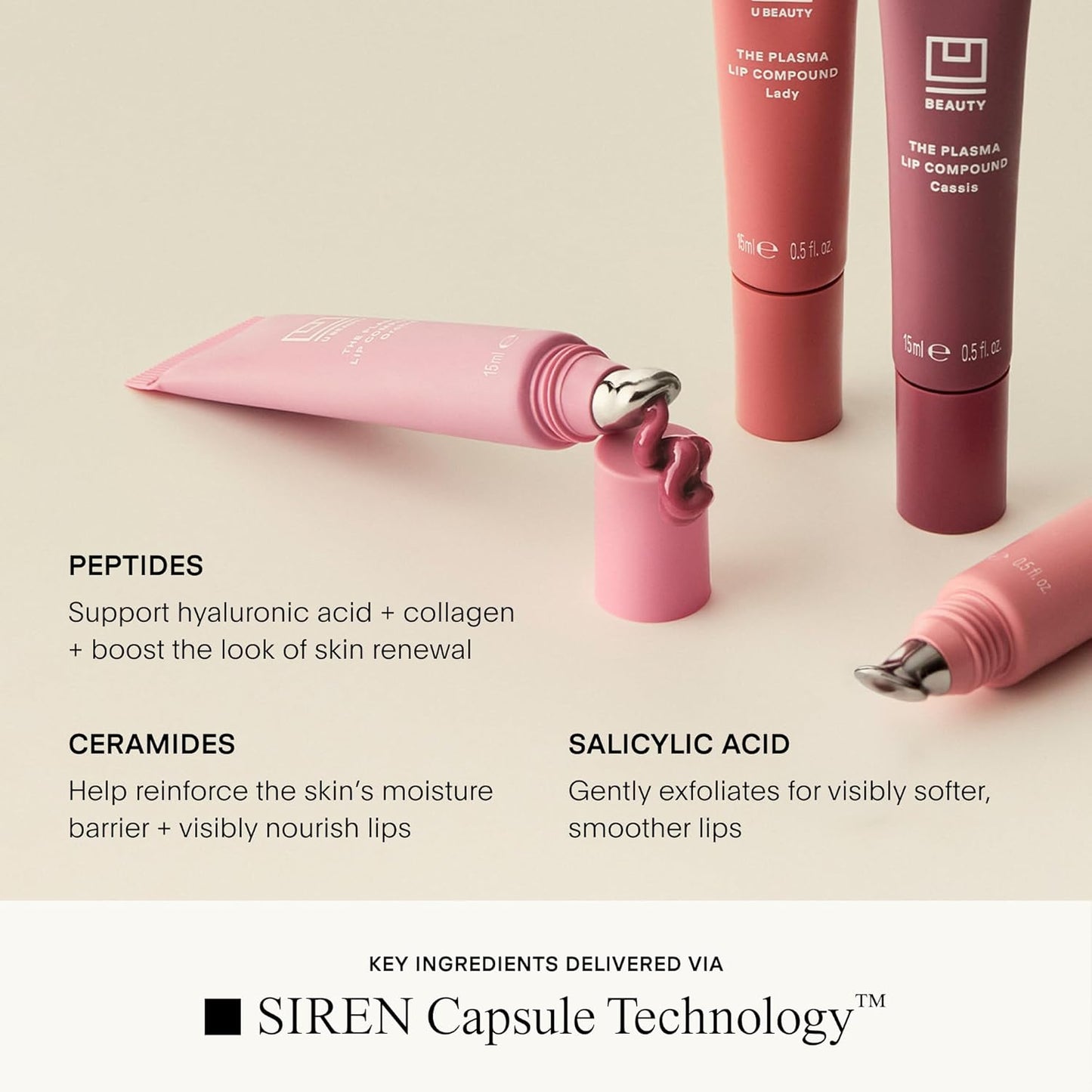 U Beauty The PLASMA Tinted Lip Compound - Hydrating Anti-Aging Lip Gloss with Hyaluronic Acid & Peptides, Rose - 15 mL