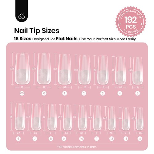 Beetles Tipex Instant Apex Nail Tips, Long Square, 16 Sizes |00–14, 192pcs, Built-In Apex, No Builder Gel Required, Thicker Strong Acrylic Tips for DIY Nail Extensions