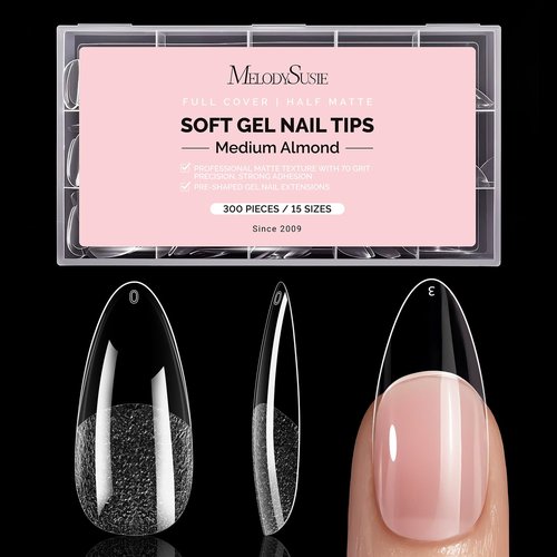 MelodySusie Medium Almond X Nail Tips - 300Pcs 15 Sizes Clear Acrylic, Half Matte Full Cover Press on Nails for DIY Extension&Salon Use,Pre-Shaped for Long-Lasting Manicure
