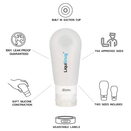 LiquiSnugs Premium Silicone Travel Bottles - 100% Leak Proof & TSA Approved - Suction Cups & Adjustable Labels