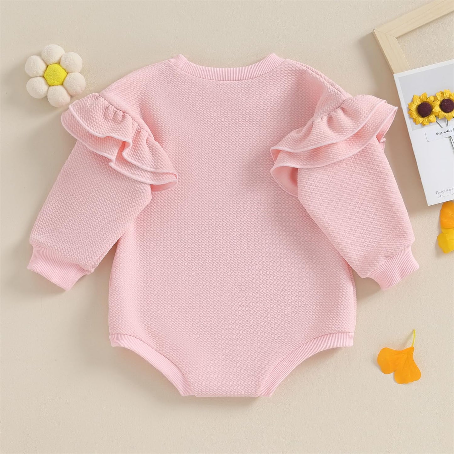 DOSYZTO Newborn Baby Girl Solid Romper Sweatshirt Ruffle Long Sleeve Bodysuit Outfit Infant Fall Clothing (Ruffled Sleeve Pink,12-18 Months)